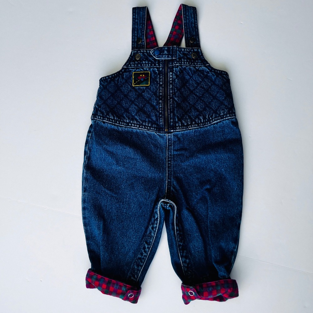 Vintage‎ Gymboree Baby Denim Overalls Infant Quilted Car Plaid Lined Cotton